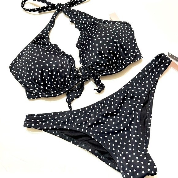 Victoria's Secret Other - NWT VICTORIA’S SECRET POLKA DOT RUFFLE HIGH NECK TOP & BOTTOM BIKINI SET 36DD/L